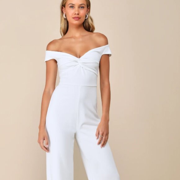 Lulus Stunning Existence White Off-the-shoulder Knot-front Jumpsuit - Size L - Picture 1 of 5